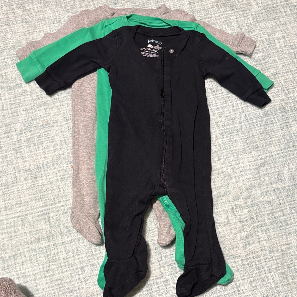 Primary Organic Footies, set of 3 gray/green/black, 0-3 months